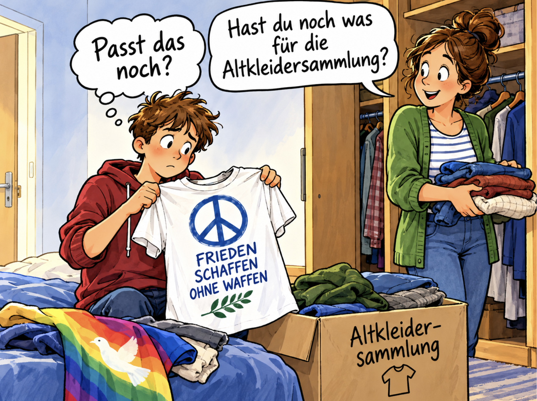 Ein Junge sortiert Kleidung für eine Altkleidersammlung, während eine Frau weitere Kleidung bringt.